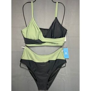 Cupshe Colorblock Bikini Set Sage Green Black High Waisted L